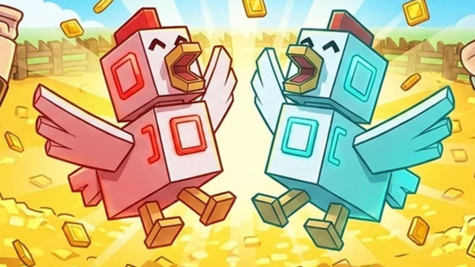 Two fighting breed chickens clashing in the grow a chicken fighter arena